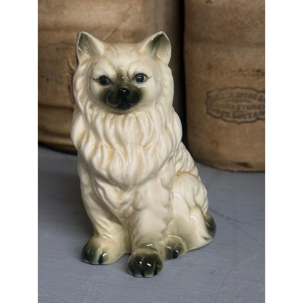 Vintage Ceramic Persian Cat Figurine White Long Hair Kitty Statue 3.5” Feline